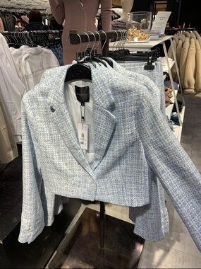 Dynamite Light Blue Tweed Cropped Blazer and Matching Skirt Set